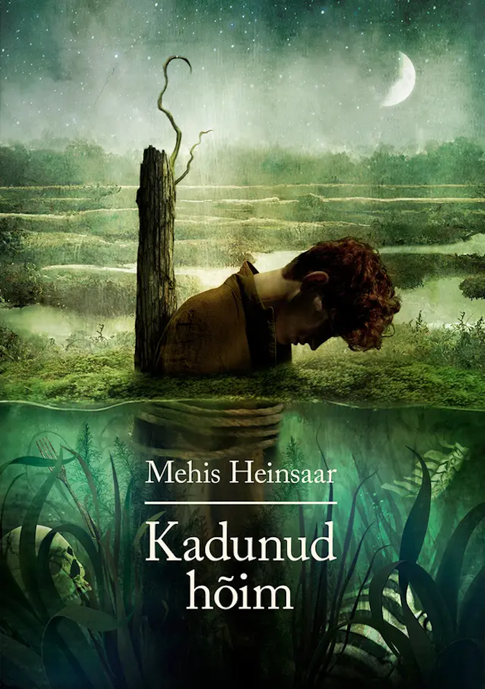 Mehis Heinsaare raamatu "Kadunud hõim" esikaas, millel on noormees kinni seotud puule ja pooleldi vee sees.