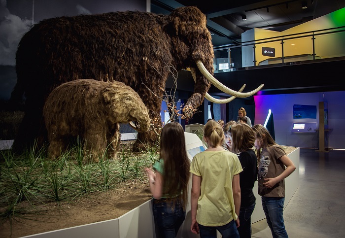 lapsed seisavad elutruude mammutite kujude ees