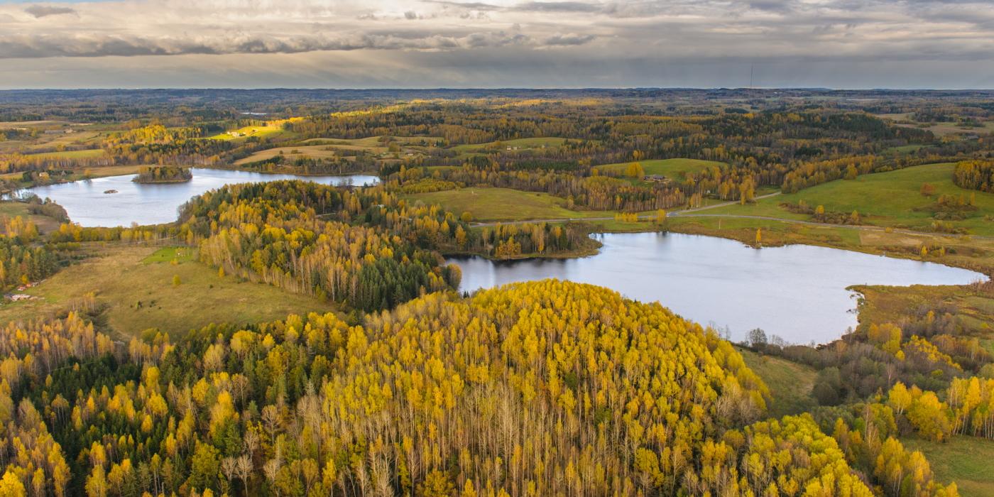 Vaade lennukilt Otepää küngastele ja järvedele