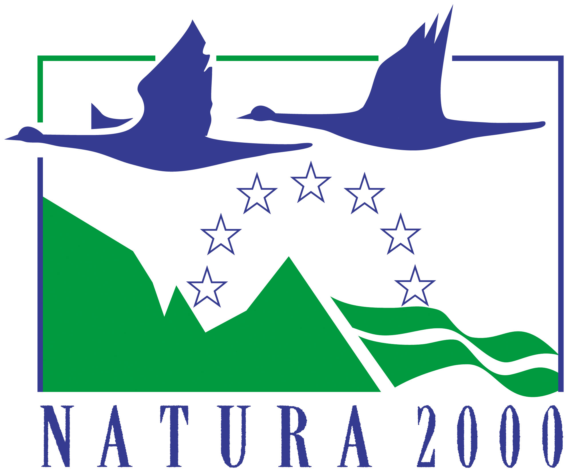 Lillakad linnud lendamas, tiivad ülespoole, idast läände. Nende all näha rohelised mäetipud. Logo keskel poolringjalt läbipaistvad ja halli värvi Euroopa liidu tähekesed. All kirjas trükitähtedega Natura 2000